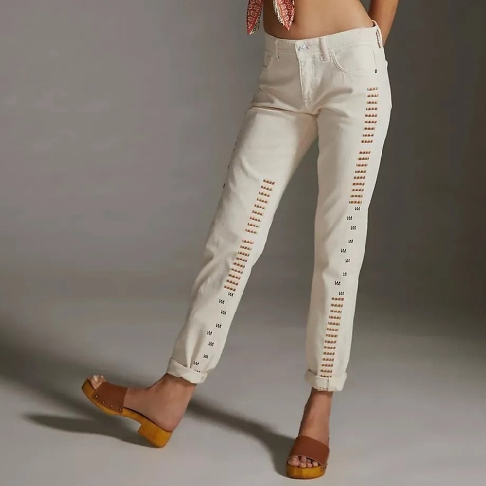 PILCRO by Anthropologie Slim Straight Boyfriend Jeans Cream Embroidered Women 31